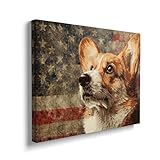 Corgi Canvas Wall Art Old Vintage American Flag Corgis Painting Dog Corgi Pictures Framed for Kitchen Bathroom Bedroom Living Room Office Retro Modern Home Wall Decor 12'x16'