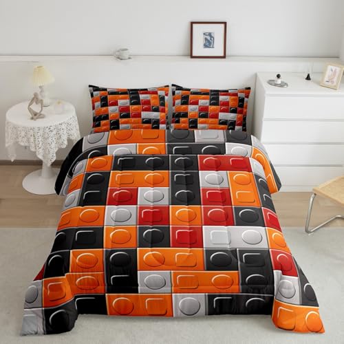 Image of Feelyou Building Blocks Brick Comforter Set King Size Bedding | Toddler Duvet Set Room Decor 3Pcs Orange Black Warm Cozy Breathable Lightweight All Season