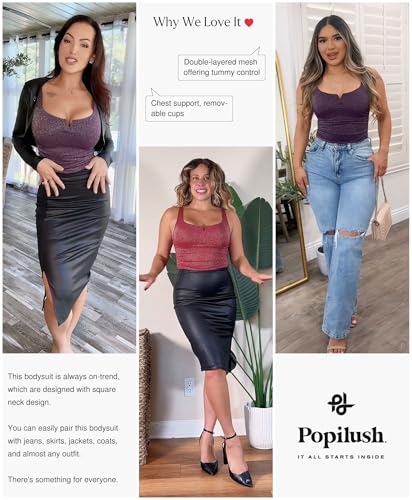 Popilush Sparkly Tops for Women - Square Neck Shapewear Bodysuit Tummy Control Sleeveless Body suit Going Out Tank Tops2