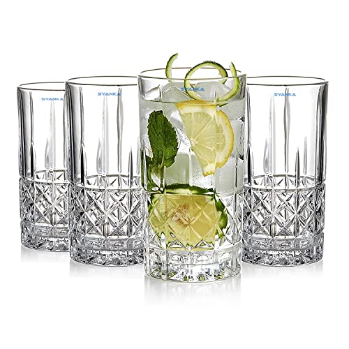 Image of SYANKA Italian Premium Juice Glasses Set of 4 Transparent, 300ml, Crystal Design Highball Glasses for Drinking Water, Juice and Cocktails