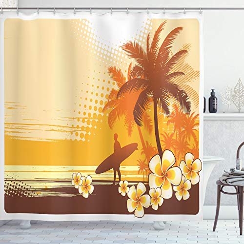 ABAKUHAUS Surf Shower Curtain, Silhouette of Surfer and Tropical Landscape Free Your Mind Illustration