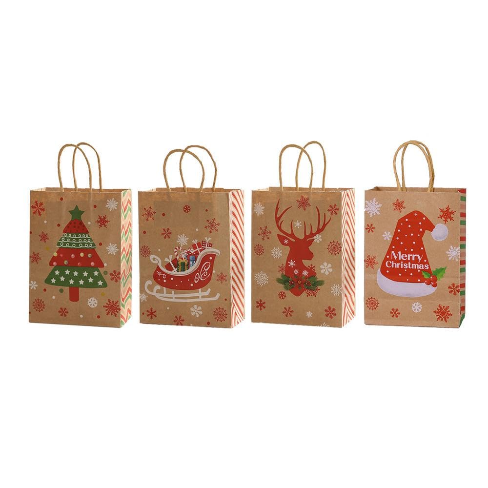 Nixnut Natural 12Pcs Christmas Paper Bags Kraft Reusable Present Treat Gift Bag With Handles For Cookie Candy Baking Xmas Party Cute Patterns