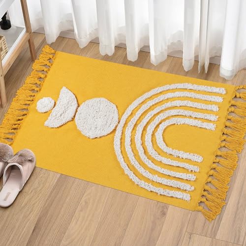 Linromia Alfombra Pequeña 60x90cm, Boho Amarillo Arcoíris Alfombra De Algodón Con Borlas Tejidas, Alfombra Lavable Para Baño, Cocina, Salon, Dormitorio, Entrada Linromia Alfombra Pequeña 60x90cm, Boho Amarillo Arcoíris Alfombra De Algodón Con Borlas Tejidas, Alfombra Lavable Para Baño, Cocina, Salon, Dormitorio, Entrada