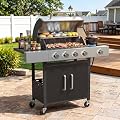 Aoxun 4-Burner Propane Gas Grill with Side Burner, 49000 BTU Stainless Steel Outdoor Grill, Cast Iron Cooking Grates & Side Shelves for Patio Backyard Camping, Black and Silvery