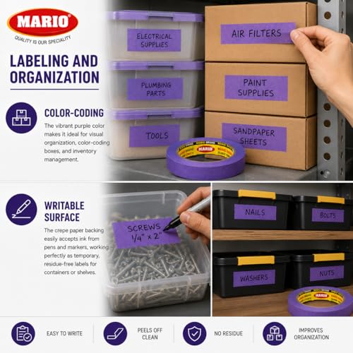 Image of Mario Purple Masking Tape - 20 Meter Length, 12mm Width - Strong Adhesive Tape for DIY, Painting & Repair Work - Residue Free - Pack of 2 Rolls