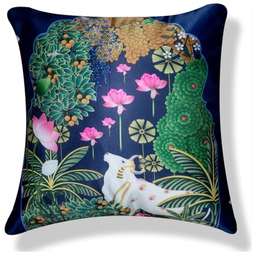 Image of Decorative Satin Sofa Cushion Covers Set of 5, 16 x 16 Inches, Multicolor Floral Printed Pillow Covers for Living Room, Bedroom, Couch & Sofa, Soft Glossy Fabric, Zipper Closure