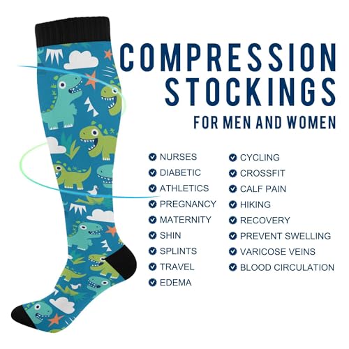 JUNZAN Blue Dino Compression Socks for Women & Men Circulation Long Socks for Running Cycling Athletic Nurse4