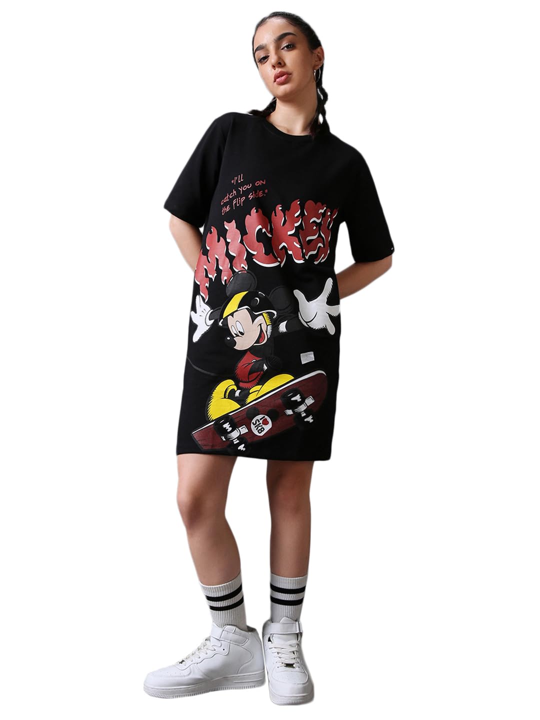bewakoof Heavy Duty 1.0 Official Disney Merchandise Women's Graphic Printed Oversized Fit Half Sleeve Round Neck Above The Knee Terry T-Shirt Dress-picture-26