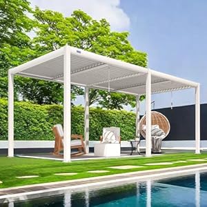 Louvered Pergola 19×10 Full Aluminum Patio Outdoor Pergola with Adjustable Roof Rainproof Sun Shade Easy Installation Pergola Hardtop Gazebo for Deck Garden Yard Beach White