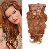 viviaBella Copper Red Body Wave Clip in Hair Extensions 18' Human Hair Brazilian Virgin Hair Double Weft 7 Pcs/lot 120g/set 16 Clips (18', Copper Red)
