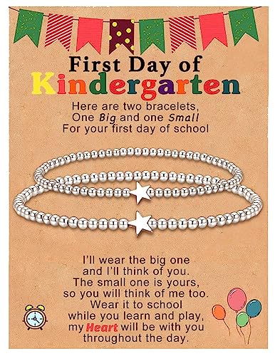 Image of 2Pcs First Day of Kindergarten Preschool Bracelets for Mommy and Me, Matching Heart Beaded Bracelets for Mother Daughter