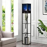 Floor Lamp with Shelves Milky way above desert mountain road on Jais mountain in Ras al Tall Standing Lamp Wood Standing Light Linen Shade Bedside Lamp for Living Room Bedroom Modern Home Decor