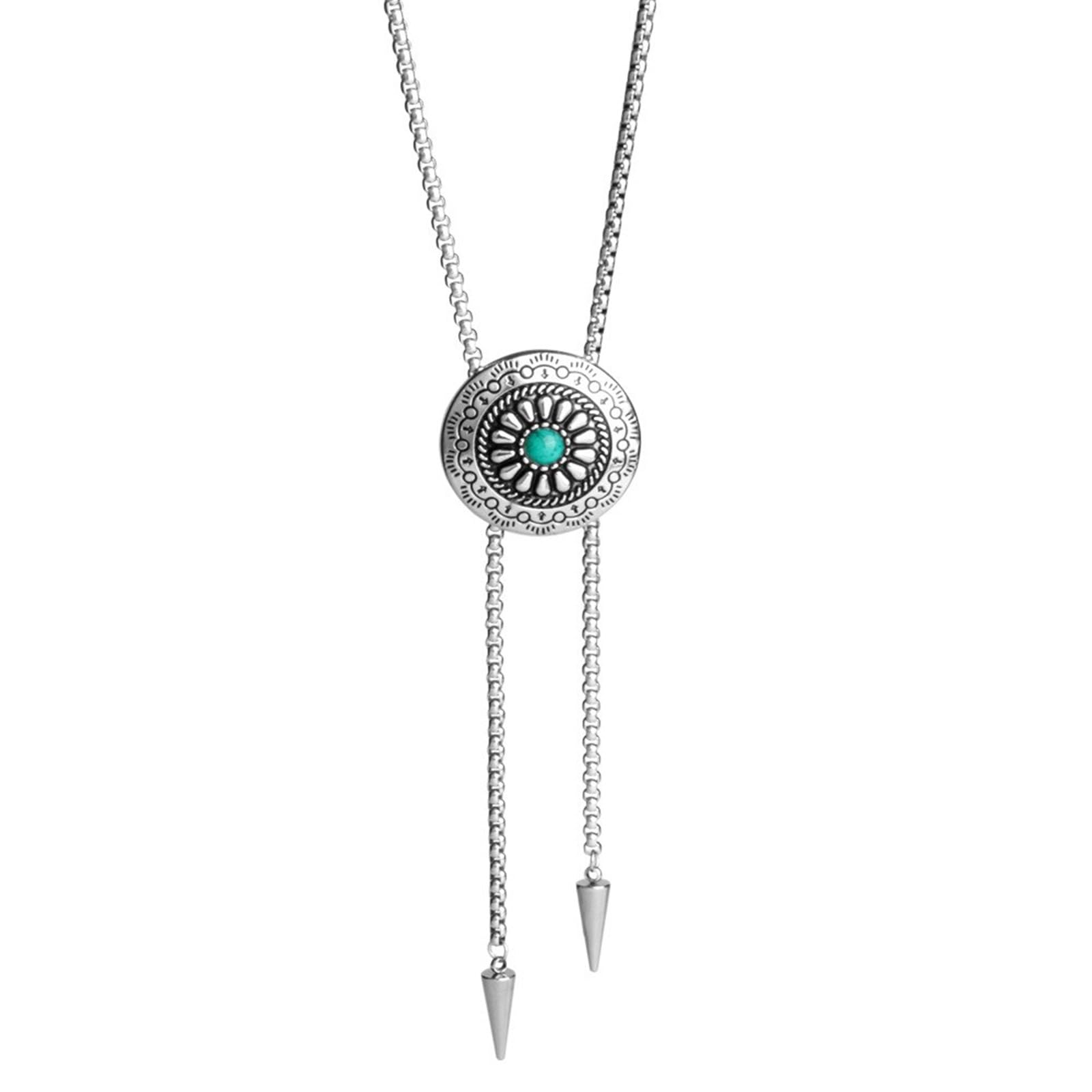 Vdaxvme Mens Silver Bolo Tie Western Cowboy Tie with Relief Turquoise Buckle Gentleman Formal Meeting Costume Accessories Ties for Men Necklace Elegant Style, silver, One Size
