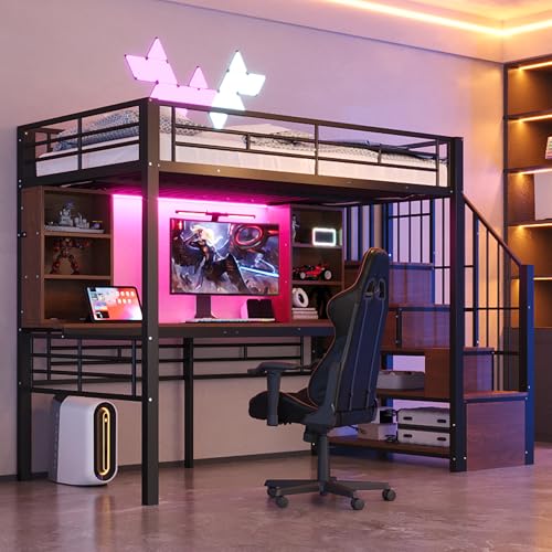 Cama alta de 90 × 200 cm, con estante, escritorio, enchufe europeo e iluminación LED, escalera de almacenamiento integrada (izquierda/derecha), rejilla de protección alta, cama individual, marco de