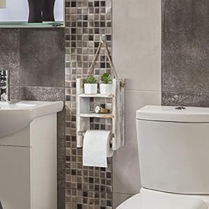 MyGift 2-Tier Hanging Whitewashed Wood Ladder Shelf and Toilet Paper Holder with Rustic Rope MyGift 2 Tier Hanging Whitewashed Wood Ladder Shelf and Toilet Paper Holder with Rustic Rope