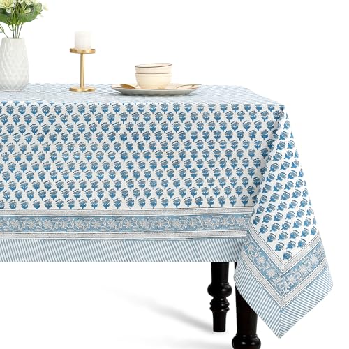 CPC Tablecloth 100% Cotton 60x60 Inch Indian Block Print Square Table Cover, Table Cloth for Weddings, Spring/Summer, Barbeque - Apatite Blue