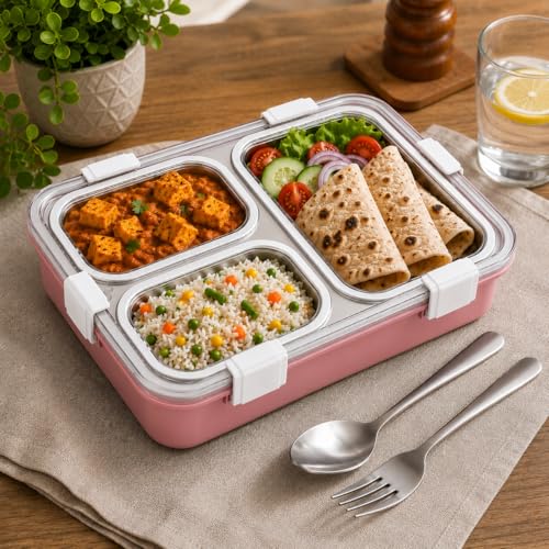 Image of Misamo Enterprise Stainless Steel Lunch Box for Kids & Adults, 3 Compartment Lunch Box, Leak Resistant Food Grade Tiffin Box with Spoon & Fork, BPA Free (Pink)
