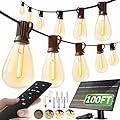 luckystyle 100FT Solar String Lights Outdoor Waterproof 2200K with Remote & USB Charging, 36+2 LED Shatterproof Bulbs, Dimmable & Timable, 3 Light Modes, Long Last for Garden,Patio, Backyard, Camping