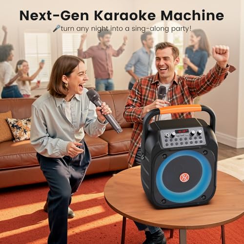 Image of Karaoke Machine for Adults, Portable Bluetooth Karaoke Speaker with 2 Wireless Microphones, Echo Adjustment, LED Lights, PA System with 6.5 inch Subwoofer, Support TV /AUX /USB /TF Card (Black)