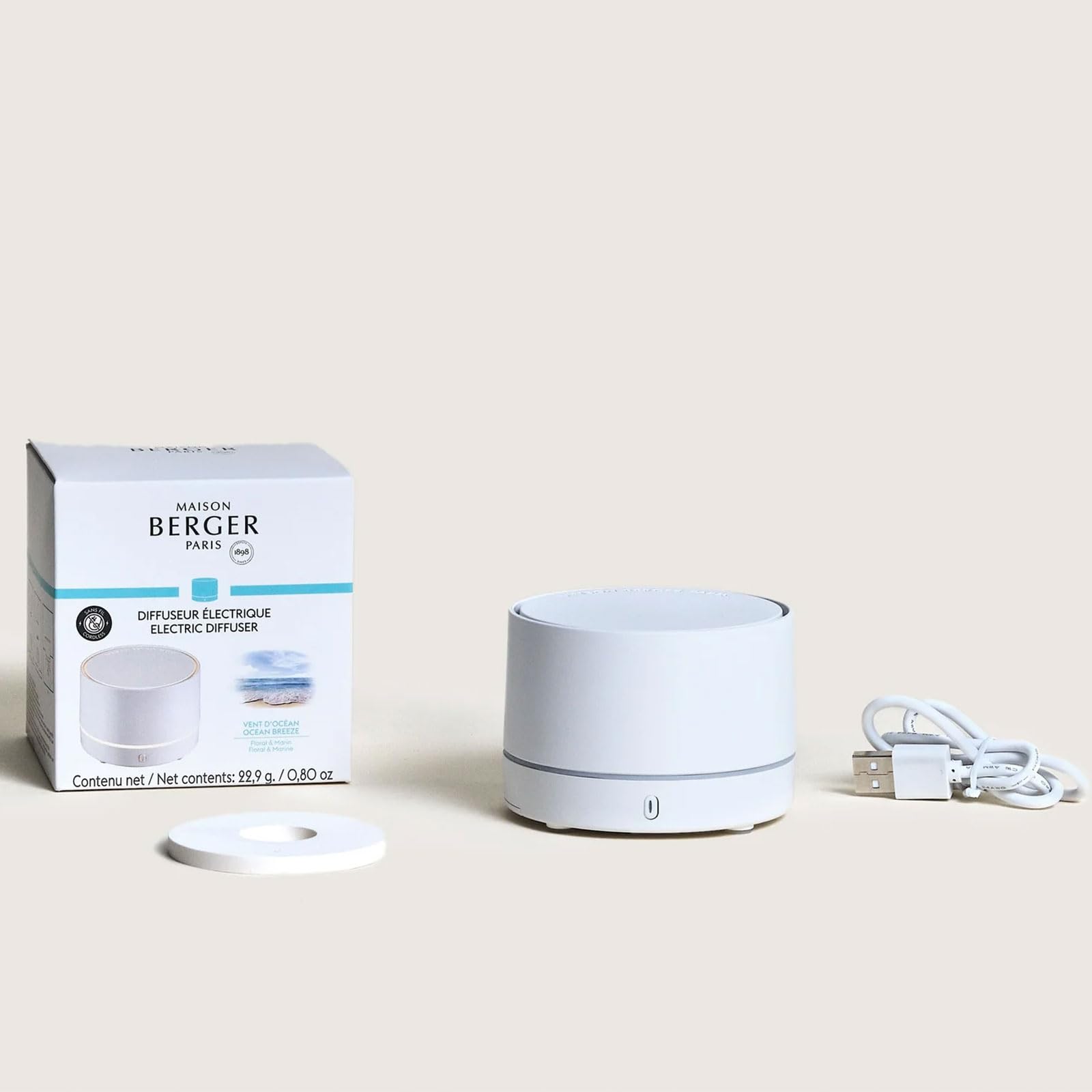 Maison Berger Elektrischer Duftspender für unterwegs, kabellos, mit Meereswind-Nachfüllpackung, Keramikdiffusor, 6 bis 8 Wochen – 2 Diffusionsmodi (weiß)