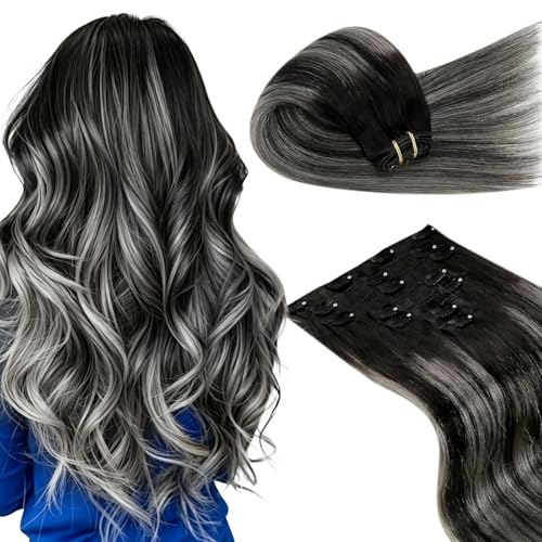 Image of LaaVoo Clip In Hair Extensions Real Human Hair, Full Head, 22 Inch | Soft Off Black Fading To Silver Grey Balayage, 120g 7pcs, Real Hair Extensions Clip In Human Hair, Silky, Seamless
