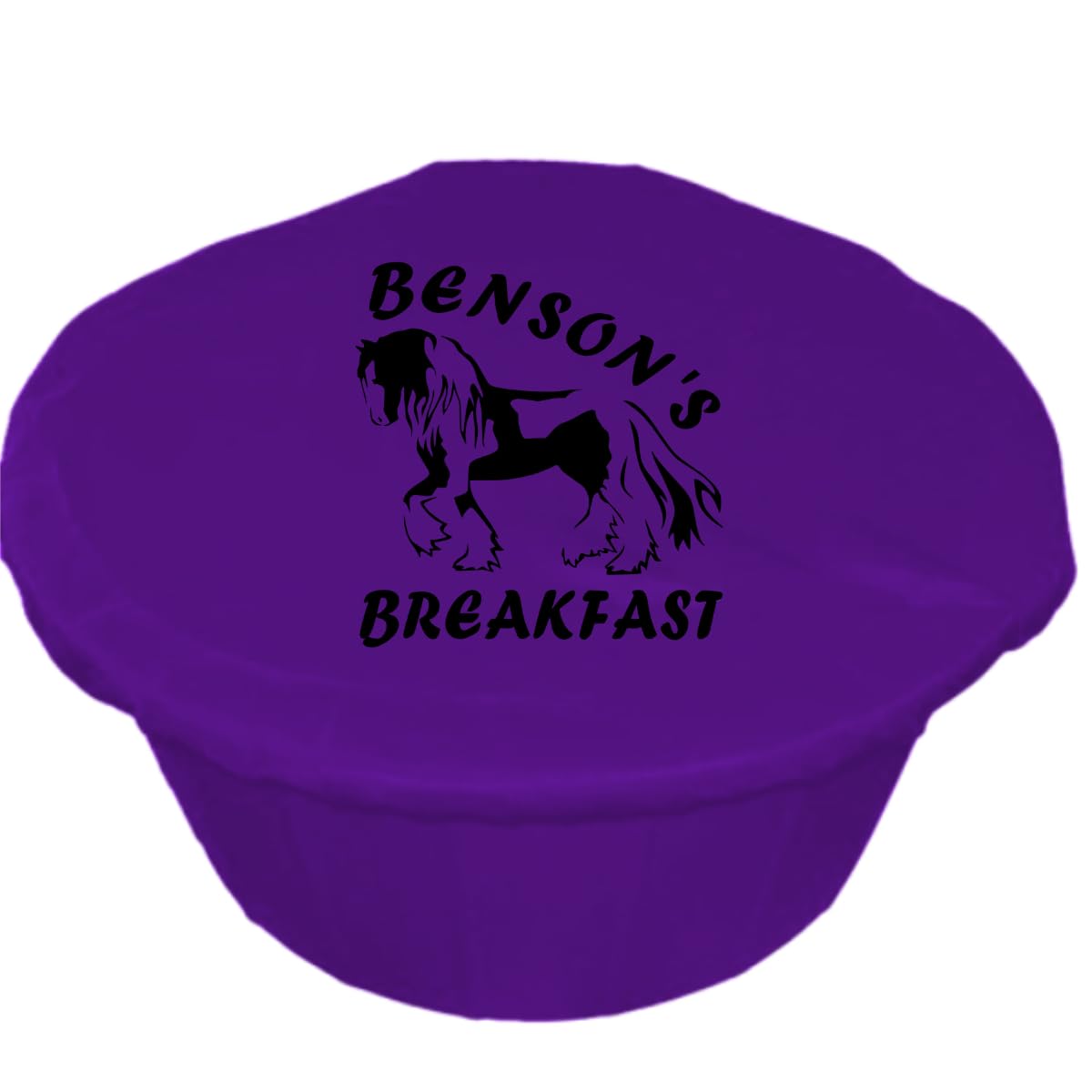 Personalised Horse Design Feed Bucket Cover, Multiple Colours Available, Morning and Teatime Feed Design or Custom Text, Gypsy Cob (Black Vinyl, Purple) โ image 1