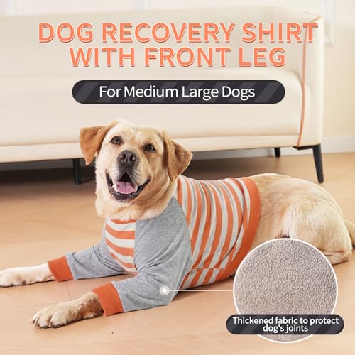 Image of FUAMEY Dog Recovery Sleeve with Elbow Protector,Dogs Shirt Stop Licking Joints,Pet Long Sleeve Suit Protecting Dog's Front Leg Arm Wounds Cover Skin Conditions Orange Stripes S