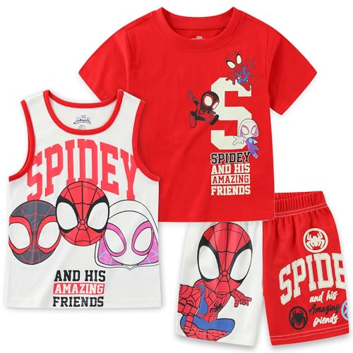 Image of Marvel Spidey and His Amazing Friends Boys 3 Piece Tank Top T-Shirt and Shorts Set for Toddler and Big Kids