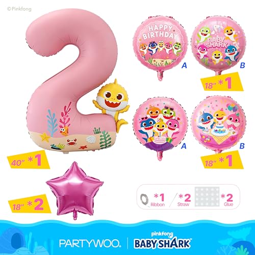 Image of PartyWoo Baby Shark Pink Foil Number 2 Balloon 5pcs 40 18 Inch Pink Round Star Mylar Helium Birthday Balloons for Boys and Girls Baby Shark Under the Sea Ocean Kids Second Birthday Party Decorations