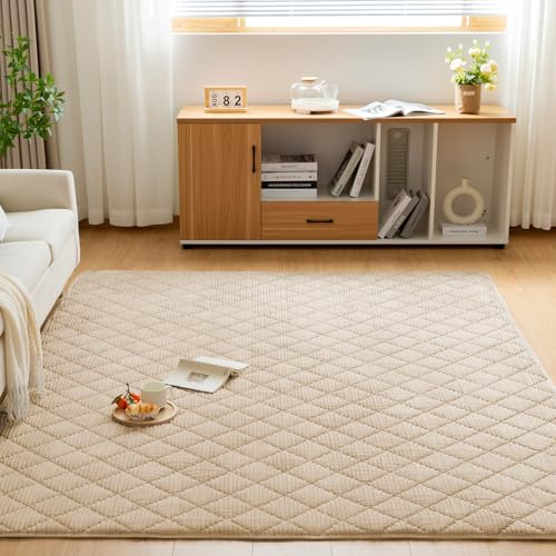 Softime ラグ カーペット ラグマット 185×235cm 約3畳 キルトラグ 抗菌 防臭 防ダニ キルティング 絨毯 滑り止め 床暖房 ホットカーペット対応 ストライプ フランネルラグ オールシーズン ベージュ