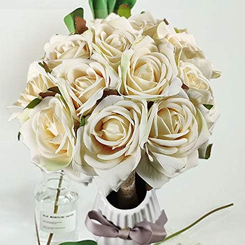 WATMAID DIY Bouquet 14pcs Artificial Roses and 6pcs Epaltes Australis for Wedding Bouquets Combo Realistic Roses Party Home Decorations, White
