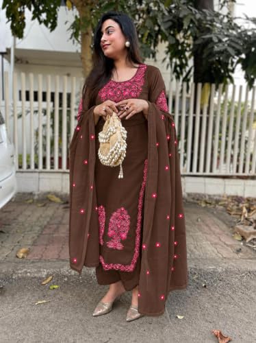 Image of ANNI Designer Women's Rayon Viscose Embroidered Straight Kurta with Pant & Dupatta