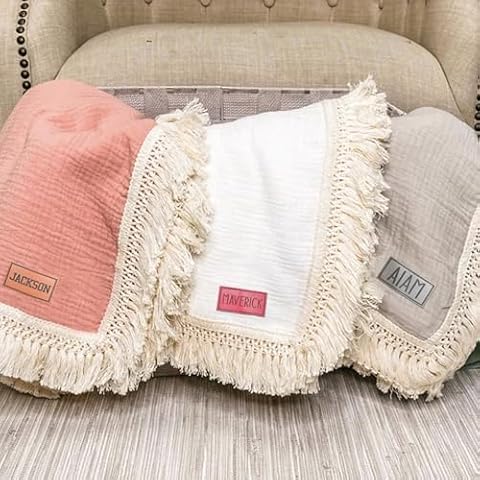 Personalized Cotton Muslin Baby Blanket - Custom Baby Name Leather Patch Nursing Blankets - Boho Bohemian Muslin Receiving Blanket with Fringe - Cozy Soft Swaddle Blanket for Infant Boys Girls Cover