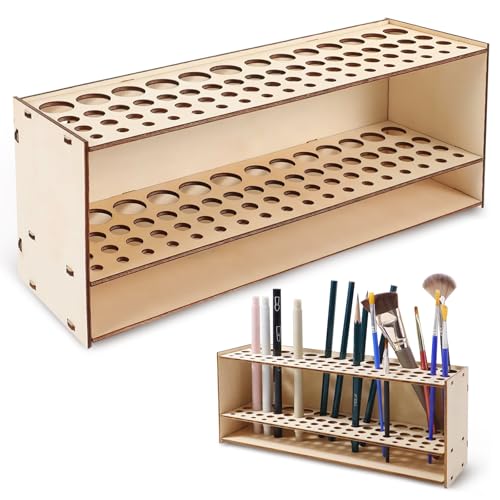 Paint Brush Holder, Wooden 67 Hole Paint Rack, Wall-Mounted Paint Rack, for Brushes, Sketch Pens, Colored Pens, Makeup Brushe