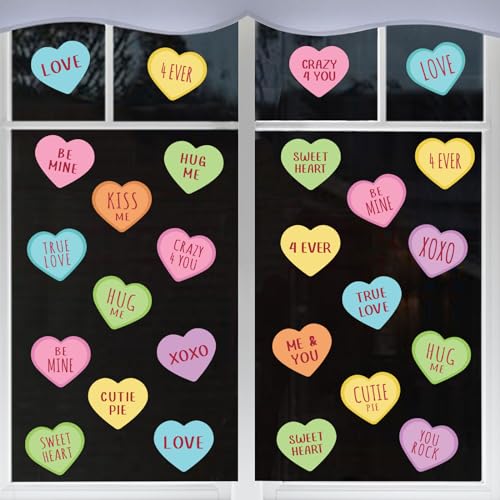 Valentines Day Window Clings 6 Sheets, Valentines Window Decorations for The Home School Classroom Office 72pcs, Cute Candy Heart Window Stickers Decals Gifts for Kids Family Friends