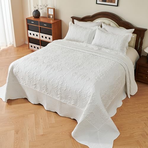 Image of EVENHUG Oversized King Bedspreads California King Quilt Set with Pillow Shams Extra Wide Large King Size Quilts Lightweight Coverlet Bedding Sets White 120 inchx128 inch