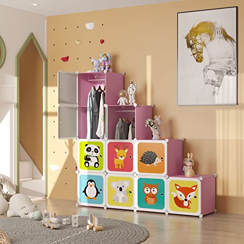C&Ahome Kids Toy Cartoon Cube Storage Organizer With Doors, 12-Cube Shelves, Closet Cabinet, Diy Plastic Modular Bookshelf Ideal For Bedroom, Living Room, 42”L X 14”W X 56”H Pink Upcs3512P-Door #TOP3