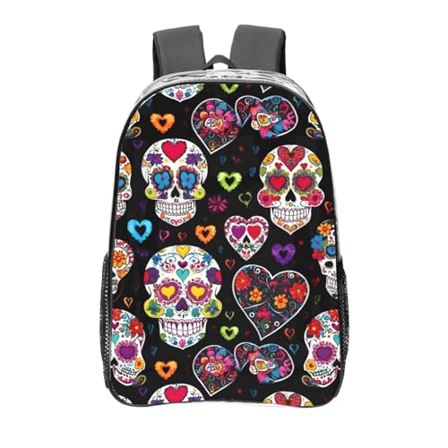 Sugar Skulls Print Transparent Backpack PVC Bag Spacious Compartments Men Women Trip And Daily Use