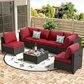 OUGMMGOU 7 Piece Patio Furniture Set, All-Weather Wicker Outdoor Conversation Set with Sectional Sofa, Rattan PE Wicker Seating, Glass Coffee Table, and Cushions (Coffee-Red, Z7)