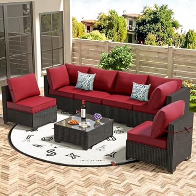 OUGMMGOU 7 Piece Patio Furniture Set, All-Weather Wicker Outdoor Conversation Set with Sectional Sofa, Rattan PE Wicker Seating, Glass Coffee Table, and Cushions (Coffee-Red, Z7)