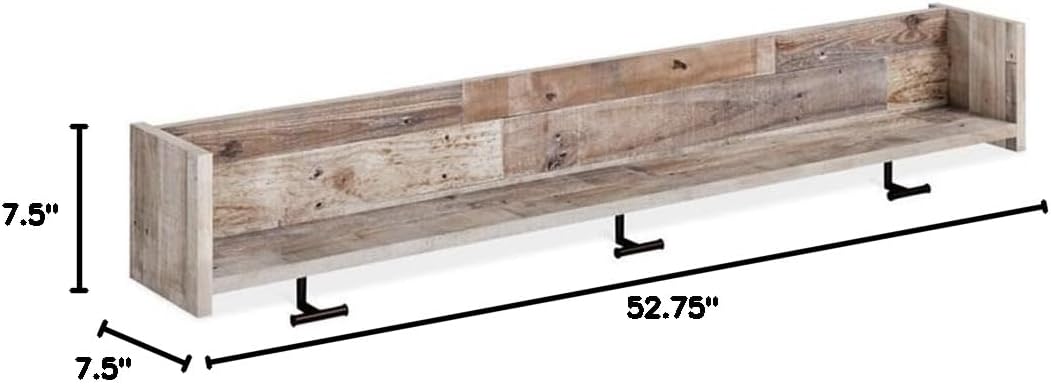 BOWERY HILL Wall Mounted Coat Rack, Engineered Wood, Whitewash Finish, 7.5" H x 52.75" W x 7.5" D, Open Shelf with 3 Dark Pewter Hooks, Decorative Laminate, Entryway or Mudroom