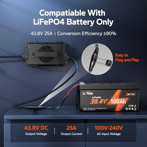 Image of LiTime 36V 25A Lithium Battery Charger, IP66 Waterproof, 43.8V Output AC-DC | For 38.4V LiFePO4 Batteries, 100-240VAC, 0V Activation, Deep Cycle Battery Charging for Golf Cart, Trolling Motor, Boat