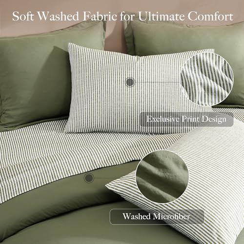 Image of Monbix Full Size Comforter Sets-7 Pieces Soft Bed in a Bag Full Bedding Set | All Season Olive Green Prewashed Comforter Bed Set with Striped Sheets, Pillowcases & Shams
