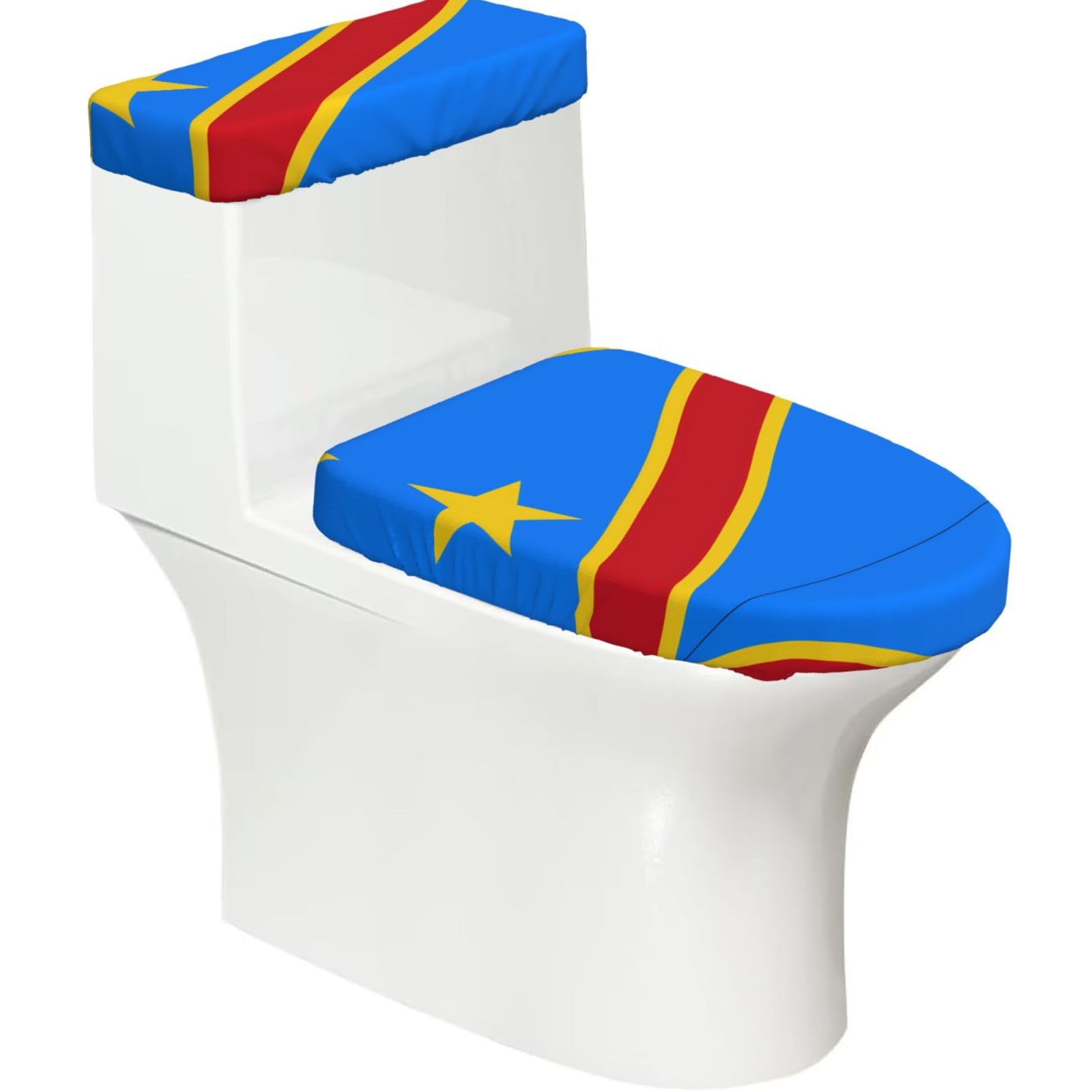 Flag of the Congo Elastic Toilet Cover Set of 2-Stretchy Lid and Tank Covers for Bathroom, Soft Washable U Shape Toilet Decor