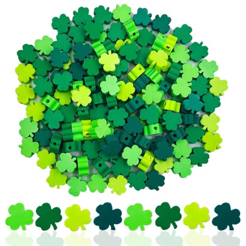 100Pcs St. Patrick's Day Shamrocks Handmade Polymer Clay Beads, Luck Clover Prints Polymer Clay...