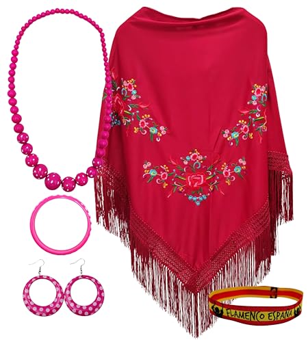 Pack Mantón y Accesorios: Mantón de Manila Bordado con Accesorios Estilo Flamenco y Pulsera Bordada. Para Fiestas Populares y Eventos (Burdeos)