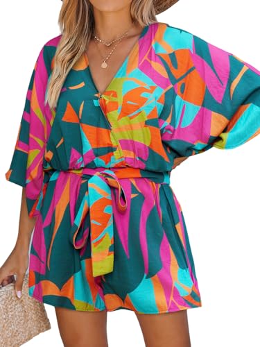 CUPSHE Damen Jumpsuit V-Ausschnitt Kurzarm Strampler Paisley Weites Bein Kurz Overall mit Gürtel Casual Lose Playsuit