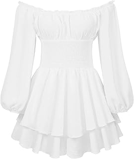 Luckinbaby Pirate Romper Dress for Women Off Shoulder Long Sleeve Ruffle Jumpsuit White Halloween Fairy Flowy Dress