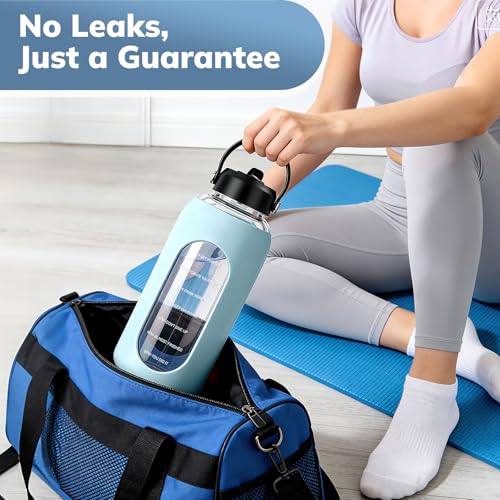 Image of Aqulea 64oz oz Glass Water Bottle with 2 Lids - Spout & Straw Lids, Borosilicate Glass Water Bottle with Time Marker & Silicone Sleeve, Leakproof
