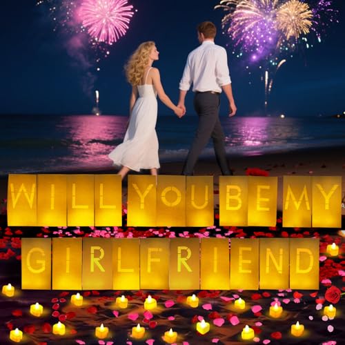 Image of Will You Be My Girlfriend Light Up Letters Luminary Bags, Banner, Romantic Decoration Kit with 30PC Bright LED Candles and 2000PC Fake Rose Petals